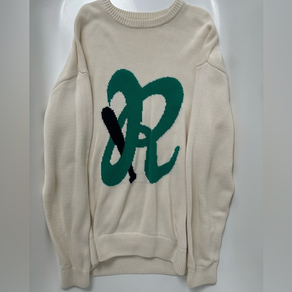 Cream Knit Sweater with Baseball Logo